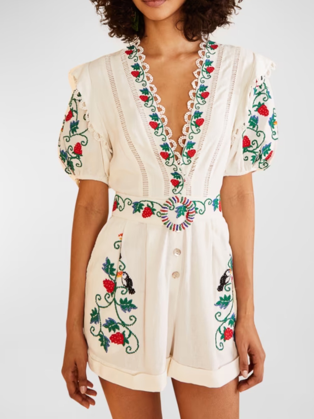NWT FARM Rio Cross Stitch Tucan Embroidery Linen Romper Off White Size XXS